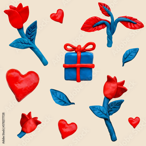Realistic 3d objects - different 3D icons - heart, flower, leaf, magnifier, gift. Seamless pattern. Made from plasticine.