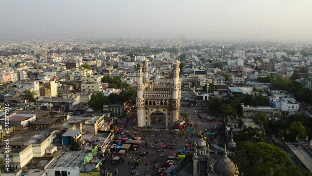 hyderabad charminar establishing shot drone 4k 30p day time