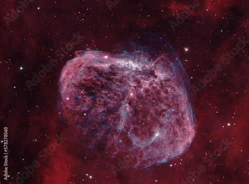 The Crescent nebula, NGC 6888, in the constellation of Cygnus, It is formed by the fast stellar wind from the Wolf-Rayet star WR 136	