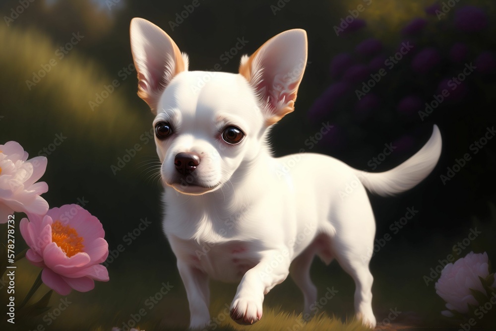A beautiful white Chihuahua Dog relaxing in the garden celebrating her birthday