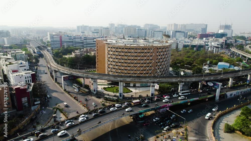 areal drone shot of cyber tower circle hyderabad 4k 30p