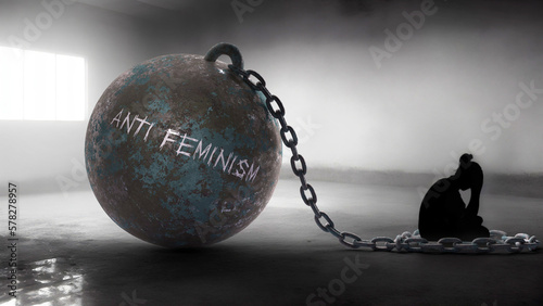 Anti feminism against a woman. Trapped in a hate prison, chained to a burden of Anti feminism. Alone in pain and suffering.,3d illustration