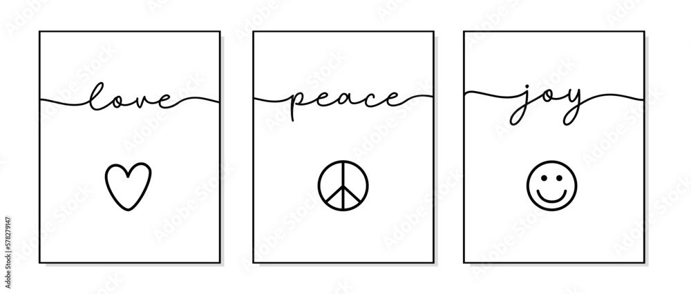 Love, Peace, Joy. Lettering typography poster. Icon symbols love, peace, joy. Bible, religious vector fun quote. Modern design workplace frame. Vector word illustration. Wall art bedroom, wall decor. Love, Peace, Joy. Lettering typography poster. Icon symbols love, peace, joy. Bible, religious vector fun quote. Modern design workplace frame. Vector word illustration. Wall art bedroom, wall decor.