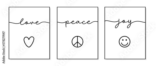 Love, Peace, Joy. Lettering typography poster. Icon symbols love, peace, joy. Bible, religious vector fun quote. Modern design workplace frame. Vector word illustration. Wall art bedroom, wall decor.