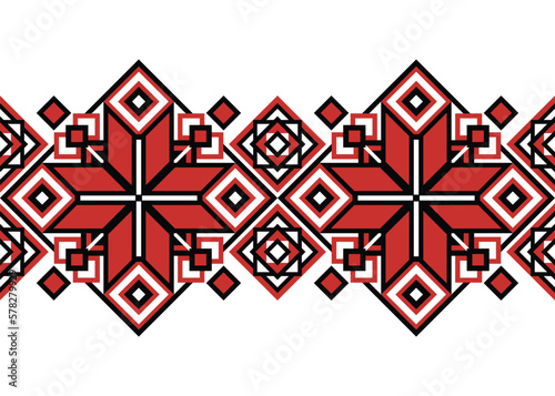 Seamless Border with Ornamental Composition Inspired by Ukrainian Traditional Embroidery. Ethnic Motif, Handmade Craft Art. Ethnic Design Element. Vector Illustration