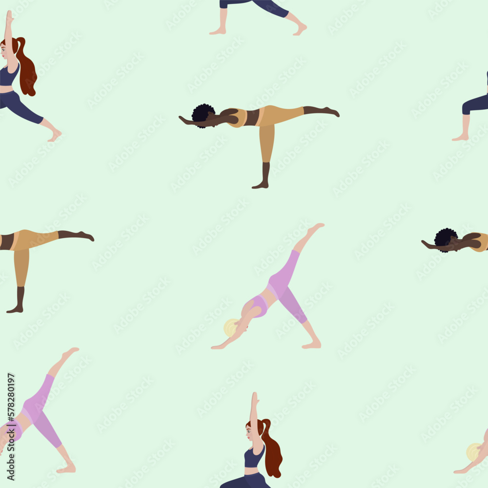 Seamless pattern with woman exercising yoga. Vector illustration in flat cartoon style, concept illustration for healthy lifestyle, sport, exercising.