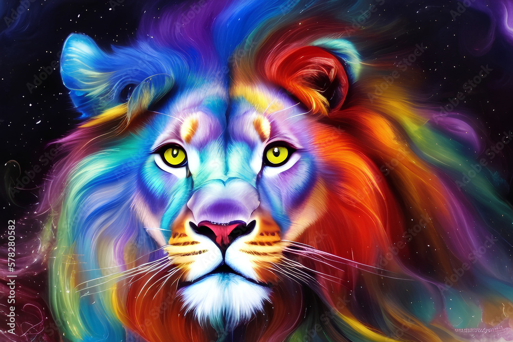 AI generated illustration of a fictional colorful lion