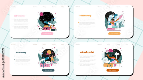 Astronomer web banner or landing page set. Professional scientist