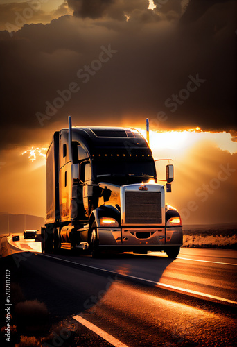 Truck driving on the freeway at sunset. AI generated