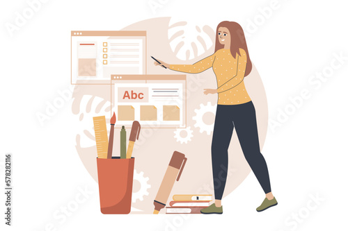 Yellow and brown concept education with people scene in the flat cartoon design. Girl prepares various tables for studying in order to get an education. Vector illustration.