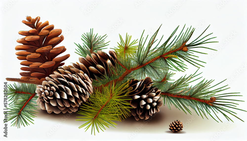 Fototapeta premium Pine tree branch and cones isolated on white