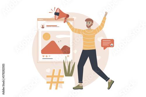 Social marketing yellow and brown concept with people scene in the flat cartoon style. Marketer makes posts in social networks that are aimed at the needs of society. Vector illustration.