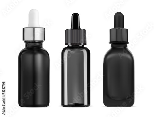 Black glass serum dropper bottle. Cosmetic oil pipette drop container, beauty product vial. Eyedropper flask for collagen essence, vector design. Natural face treatment realistic bottle