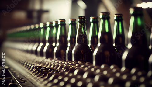 Beer bottles filling on the conveyor belt in the brewery factory