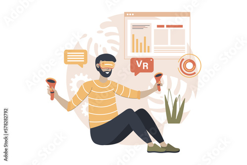 VR yellow and brown concept with people scene in the flat cartoon design. Man learns innovative technologies in the virtual world with the help of gadgets. Vector illustration.
