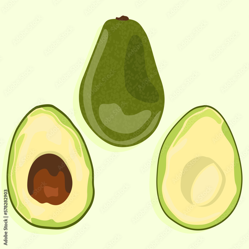 Whole avocado, half with pit and half without pit. Sliced avocado. Vector image of food. Useful vegetables for the diet. Whole avocado, half with pit and half without pit. Sliced avocado. Vector image of food. Useful vegetables for the diet.