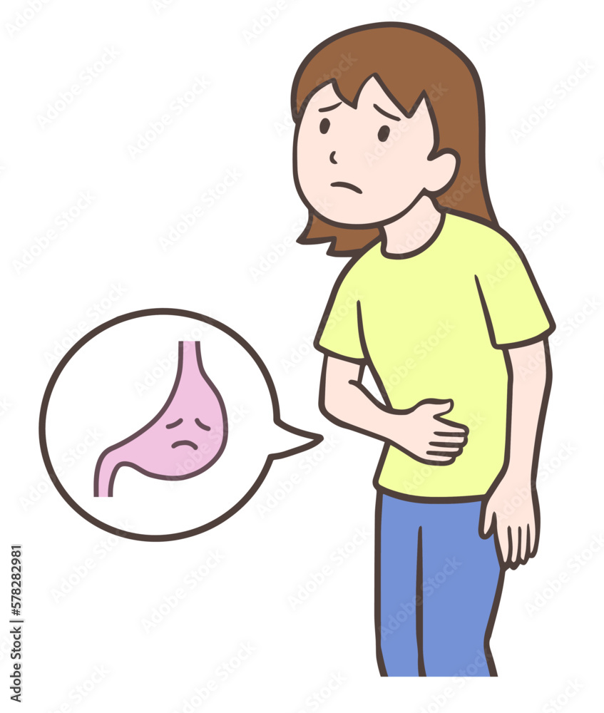 胃の調子が悪い人、お腹に手を当てる女性