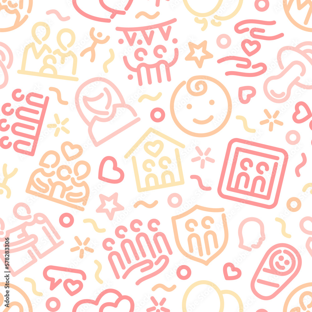 Family Seamless Peach Color Pattern with Icons