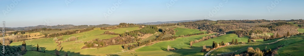 Panoramic aerial view of the countryside east of Peccioli, Pisa, Italy