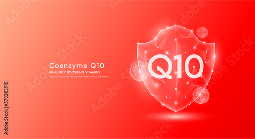 Coenzyme Q10 shield polygonal translucent red. Immunity boosting vitamins. Medical innovation protect your body healthy. Shield low poly triangle modern futuristic protection. Banner vector.