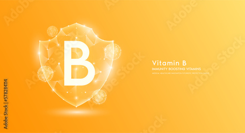 Vitamin B shield polygonal translucent orange. Immunity boosting vitamins. Medical innovation protect your body healthy. Shield low poly triangle modern futuristic protection. Banner vector.