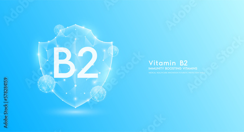 Vitamin B2 shield polygonal translucent blue. Immunity boosting vitamins. Medical innovation protect your body healthy. Shield low poly triangle modern futuristic protection. Banner vector.