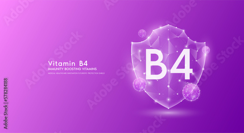 Vitamin B4 shield polygonal translucent purple. Immunity boosting vitamins. Medical innovation protect your body healthy. Shield low poly triangle modern futuristic protection. Banner vector.