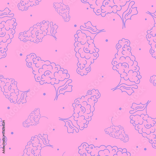Seamless vector drawing with grapes. Fruit sketch in lilac tones on pink background. Botanical pattern for printing on textiles, 
gift paper, banners, menus. Grapes picking.