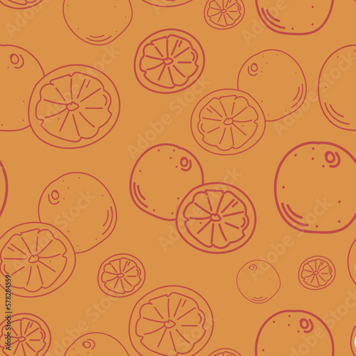 Seamless vector pattern with orange. Fruit sketch of oranges on an orange background in doodle style. Botanical drawing for 
printing on textiles, gift paper, banners, menus. Collection of oranges.
