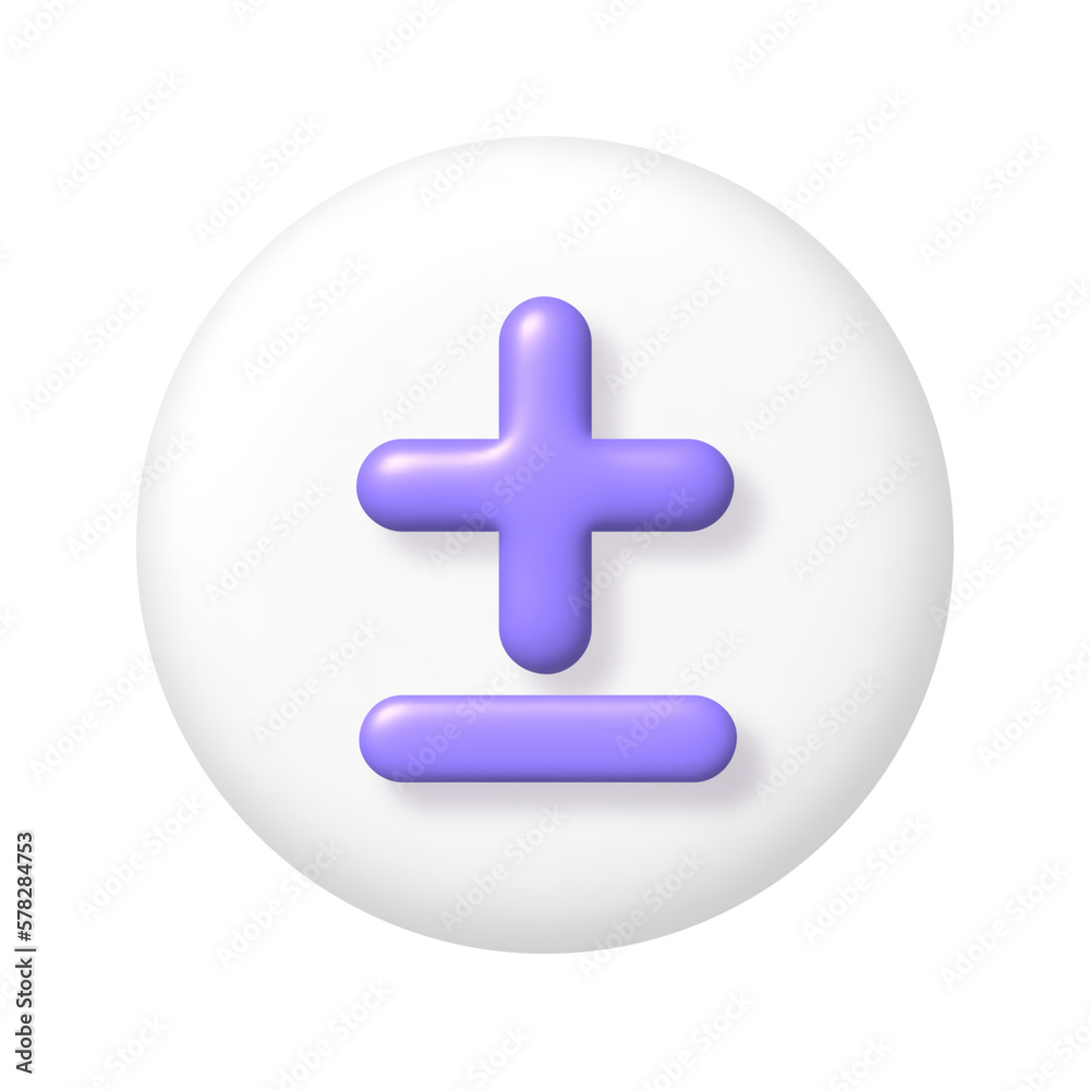 Math 3D icon. Purple arithmetic plus and minus signs on white round button. 3d realistic design element. Math 3D icon. Purple arithmetic plus and minus signs on white round button. 3d realistic design element.