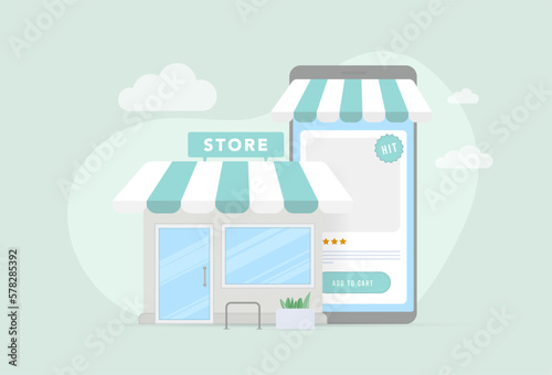 Hybrid shopping concept - customers make purchases both in physical retail and online store. Offline mole building and smartphone displaying open product card page. For e-commerce, retail visuals