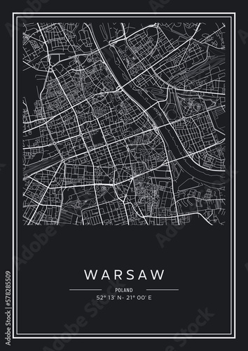 Black and white printable Warsaw city map, poster design, vector illistration.