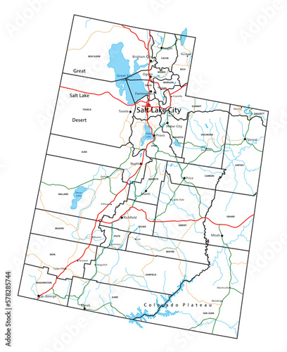 Utah road and highway map. Vector illustration.