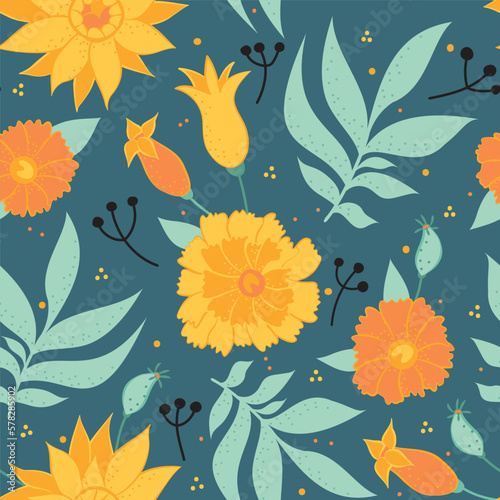 Fototapeta Naklejka Na Ścianę i Meble -  Seamless pattern with floral retro ornament. Vector illustration for print design on fabric and paper. Design for a postcard, wrapper or package.