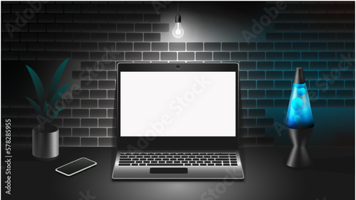 Laptop and desktop illustration. Computer screen blank template. Workplace with office equipment on a desk at the night time.