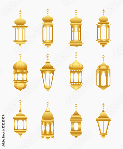 Islamic lantern set vector graphic illustration with gradient golden color. Muslim culture.