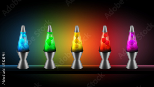 Colorful lava lamp set. Glowing lamps with liquid bubbles inside. Decorative retro elements collection for room interior.