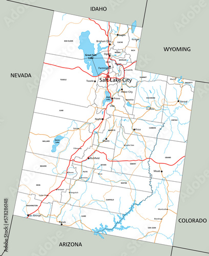 High detailed Utah road map with labeling.