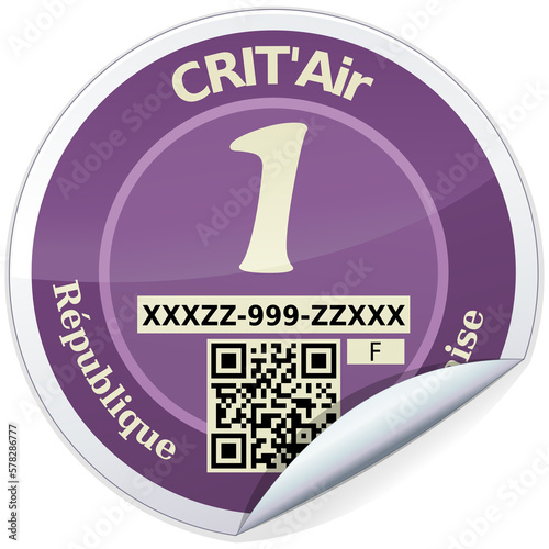 Rounded sticker of a category 1 purple crit'air label, classification of CO2 emissions from vehicles in France (isolated)