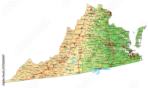 High detailed Virginia physical map with labeling.