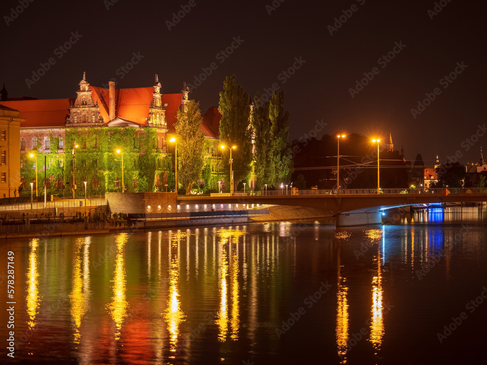 Wroclaw city night view on Oder river and National Museum
