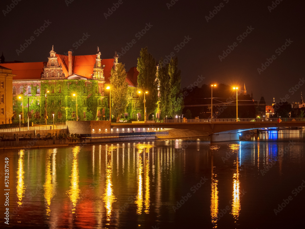 Wroclaw city night view on Oder river and National Museum Wroclaw city night view on Oder river and National Museum