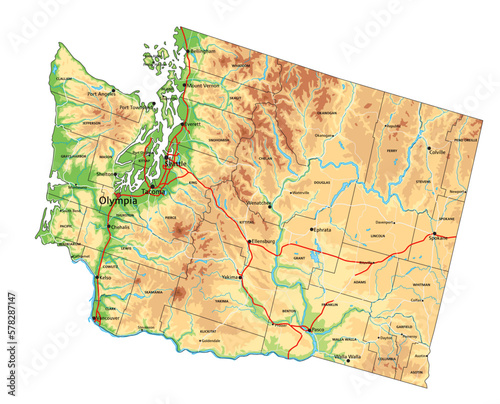 Highly detailed Washington physical map with labeling.