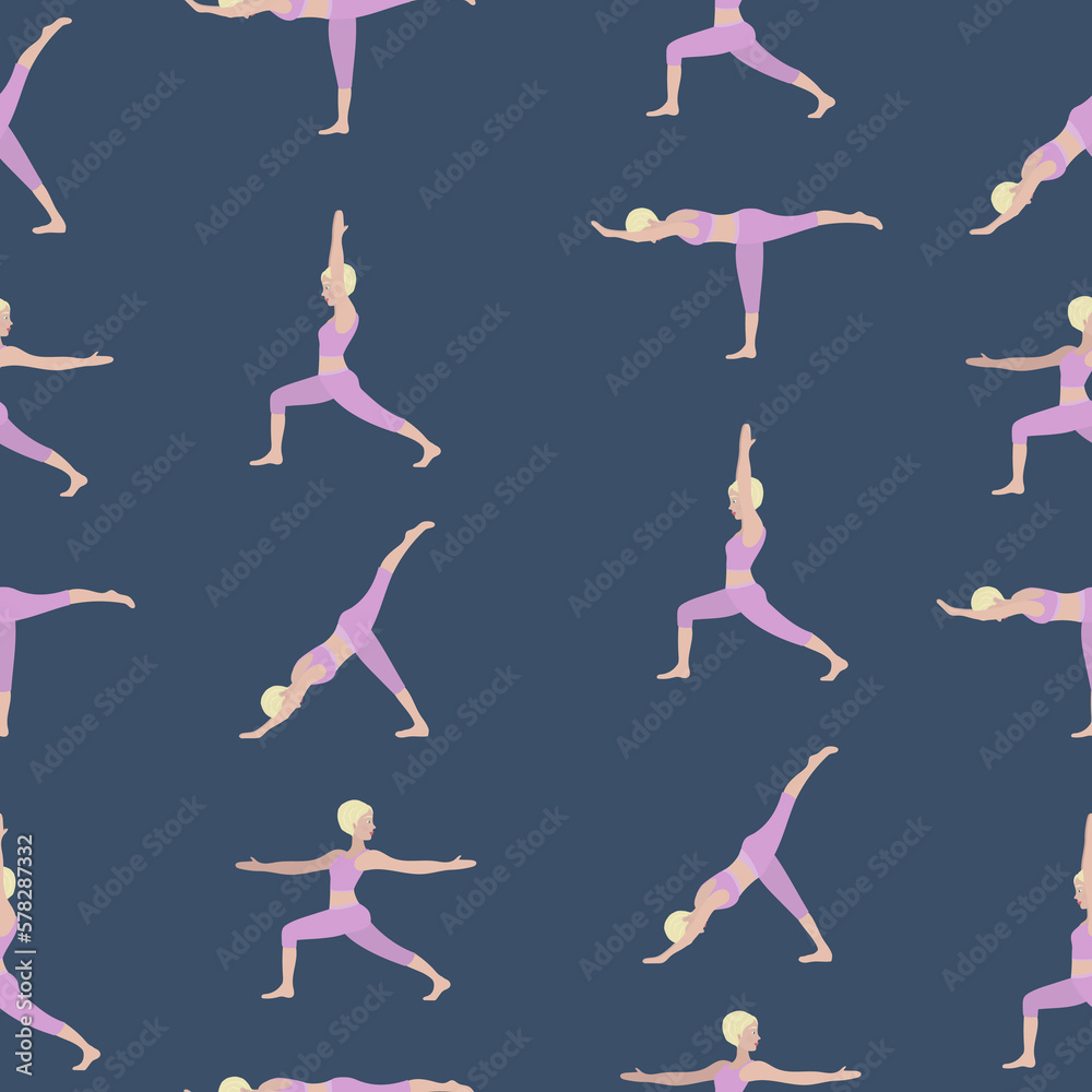 Seamless pattern with woman exercising yoga. Vector illustration in flat cartoon style, concept illustration for healthy lifestyle, sport, exercising. Seamless pattern with woman exercising yoga. Vector illustration in flat cartoon style, concept illustration for healthy lifestyle, sport, exercising.