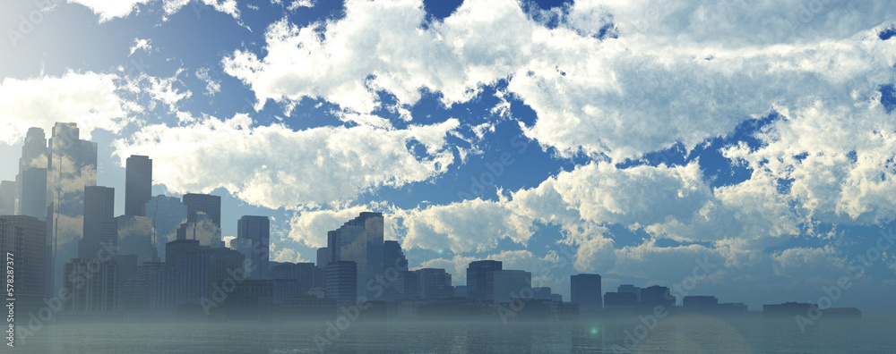 City over water, skyscrapers over the sea against the sky with clouds, 3d rendering