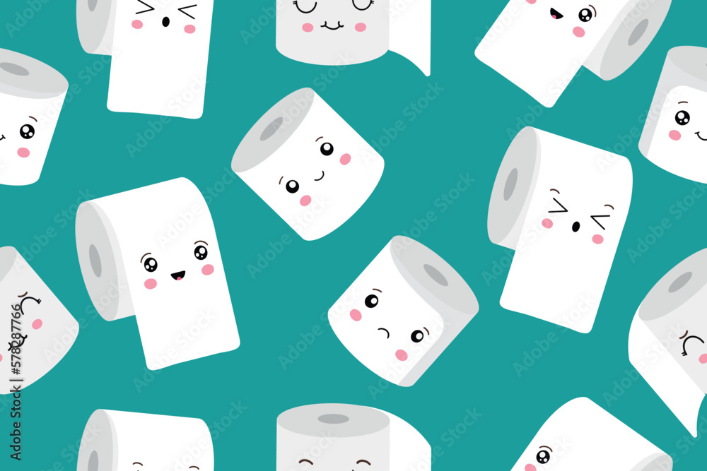 Seamless pattern with cute kawaii cartoon toilet paper rolls with faces