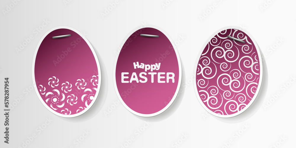 Set of Three Purple Lit Stapled Painted,Patterned Paper Easter Eggs - Wide Scale Easter Card Template for Web, Clip-Art on Light Background, Illustration in Freely Scalable and Editable Vector Format Set of Three Purple Lit Stapled Painted,Patterned Paper Easter Eggs - Wide Scale Easter Card Template for Web, Clip-Art on Light Background, Illustration in Freely Scalable and Editable Vector Format
