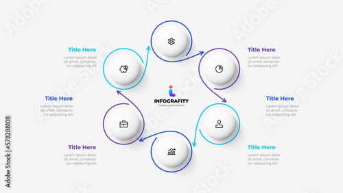 Cycle diagram with 6 options or steps. Infographic template. Six white circles with thin lines