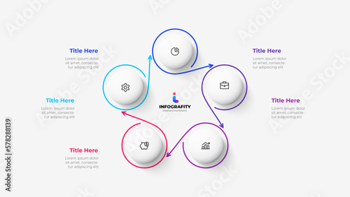 Cycle diagram with 5 options or steps. Infographic template. Five white circles with thin lines