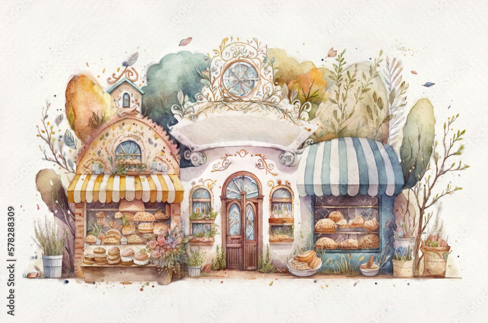 Watercolor illustration of cosy bakery shop exterior with blank signboard. Beautiful pastry store with showcases, watercolour graphic drawing. AI used for sketch; Image edited and retouched manually